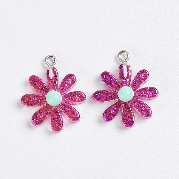 PandaHall Resin Pendants, with Platinum Plated Iron Findings and Paillette, Daisy, Camellia, 26.5x22.5x8mm, Hole: 2mm Iron+Resin Flower Pink