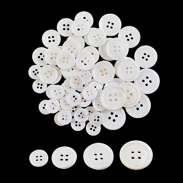 

PandaHall 44Pcs 4 Style Natural Freshwater Shell Buttons, 4-Hole, Flat Round, Snow, 11.4~20x2~2.5mm, Hole: 1.6~2mm Shell Flat Round White