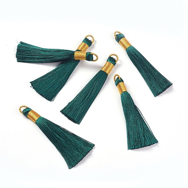 

PandaHall Nylon Tassel Big Pendants, with Iron Findings, Golden, Teal, 80x8.5mm, Hole: 5x6.5mm Nylon Cyan