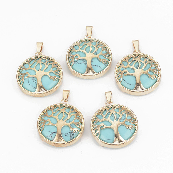 

PandaHall Synthetic Turquoise Pendants, with Brass Findings, Flat Round with Tree of Life, Dyed, Golden, 30.5x27x8mm, Hole: 7x3mm Synthetic...