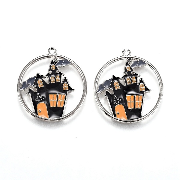 

PandaHall Halloween Theme Alloy Enamel Pendants, Flat Round with Black Castle, Platinum, 24x22x1.5mm, Hole: 1.6mm Alloy+Enamel Flat Round...