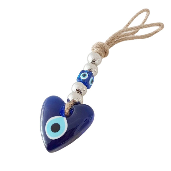 

PandaHall Heart with Evil Eye Glass Pendant Decorations, with Hemp Rope, Royal Blue, 20x4cm Glass Heart