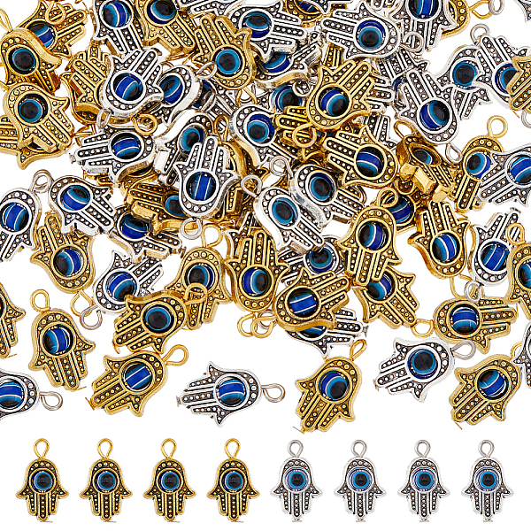 

PandaHall 80Pcs 2 Colors Religion Alloy Hamsa Hand Pendants, Blue Evil Eye Resin Charms, Antique Silver & Antique Golden, 20x13x4mm, Hole...