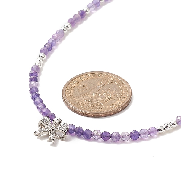 Halskette Mit Klarem Zirkonia-Bowknot-Anhänger Und Natürlichen Amethyst-Perlenketten Für Damen