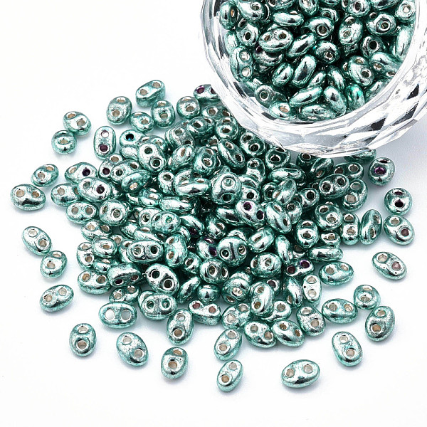

PandaHall Dyed Opaque Colours Glass Seed Beads, Silver Lined, 2-Hole, Oval, Light Sea Green, 5x4x2.5mm, Hole: 0.9mm, about 450g/bag Glass...