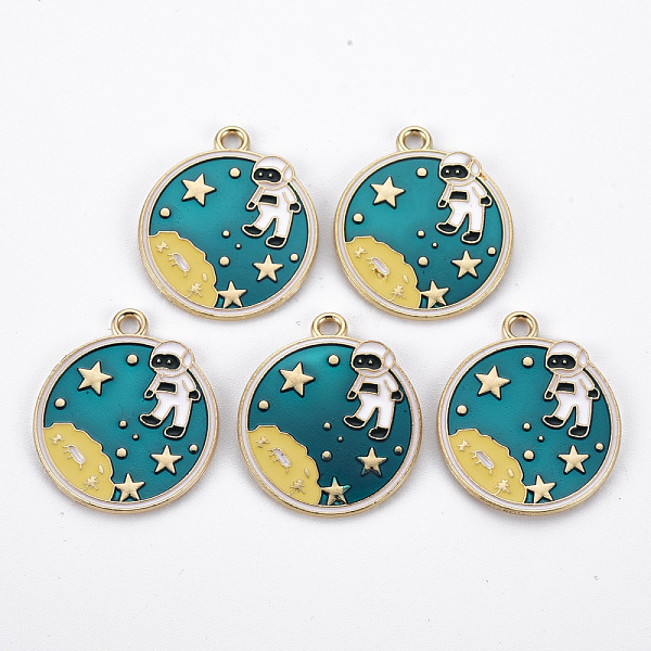 

PandaHall Rack Plating Alloy Enamel Pendants, Cadmium Free & Nickel Free & Lead Free, Flat Round with Spaceman, Light Gold, Cadet Blue...