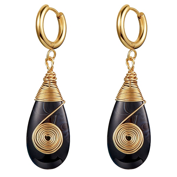 

PandaHall Natural Black Agate Teardrop with Spiral Dangle Hoop Earrings, Wire Wrap Drop Earrings with 316 Surgical Stainless Steel Pin for...