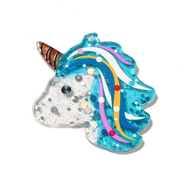 

PandaHall Transprent Acrylic Pendants, with Sequins, Unicorn Charm, Dark Turquoise, 39x41.5x2.5mm, Hole: 1.4mm Acrylic Unicorn