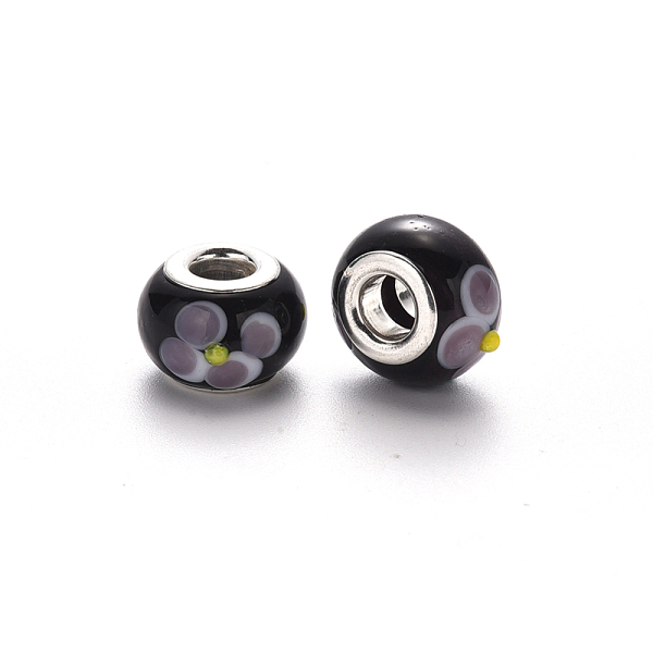 

PandaHall Handmade Lampwork European Beads, Bumpy, Large Hole Rondelle Beads, with Platinum Tone Brass Double Cores, Black, 17x14~15x9~10mm...