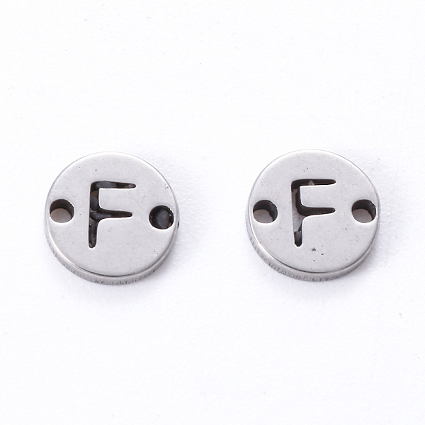 

PandaHall 201 Stainless Steel Links, Laser Cut, Flat Round with Letter, Letter.F, 6x6x1mm, Hole: 0.8mm 201 Stainless Steel Letter F