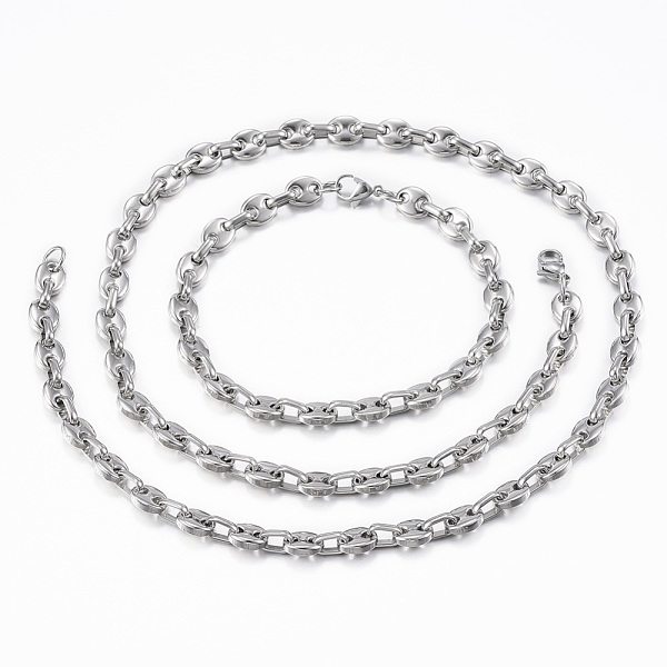 

PandaHall 304 Stainless Steel Jewelry Sets, Coffee Bean Chain Necklaces and Bracelets, with Lobster Claw Clasps, Oval, Stainless Steel Color...
