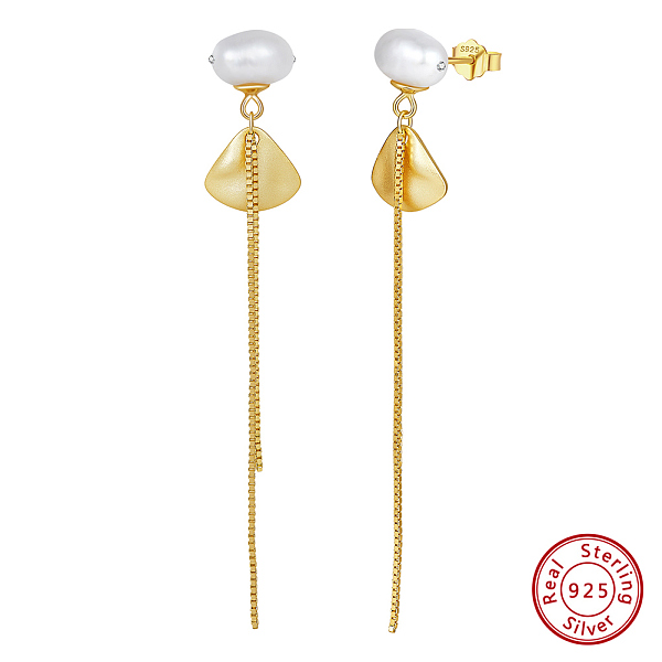 

PandaHall Natural Baroque Pearl Stud Earrings, 925 Sterling Silver Fan & Chains Drop Earrings, with S925 Stamp, Real 14K Gold Plated..., White