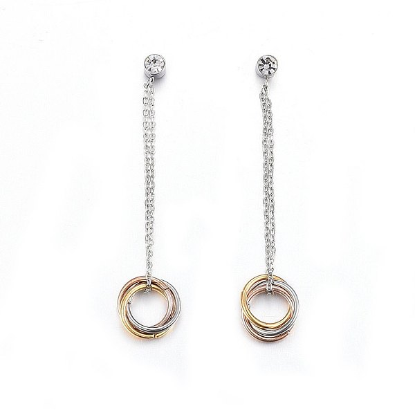 

PandaHall 304 Stainless Steel Dangle Stud Earrings, with Rhinestone, Rings, Stainless Steel Color, 53x10x3.5mm, Pin: 0.8mm Rhinestone Clear