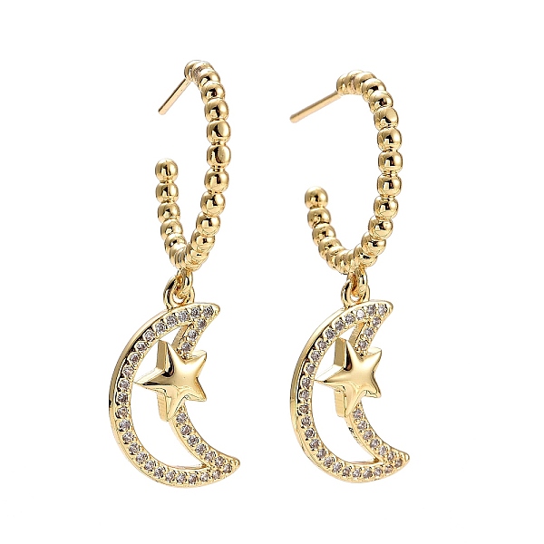 

PandaHall C-Shape with Moon Cubic Zirconia Dangle Stud Earrings, Brass Half Hoop Earrings for Women, Golden, 38x19.5mm, Pin: 0.7mm Cubic..., Clear