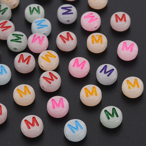 

PandaHall Acrylic Beads, Glow in the Dark, with Enamel and Luminous, Horizontal Hole, Flat Round with Alphabet, Letter.M, 6.5x7x4mm, Hole..., Multicolor
