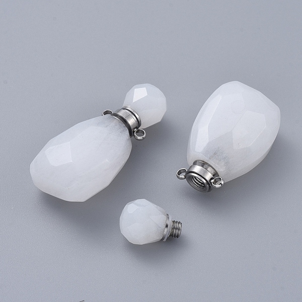 PandaHall Faceted Natural White Jade Openable Perfume Bottle Pendants, with Stainless Steel Color Tone 304 Stainless Steel Findings...