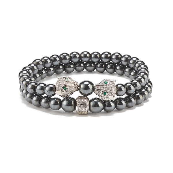 

PandaHall 2Pcs 2 Style Synthetic Hematite Stretch Bracelets Sets, Leopard & Column Brass Beads Bracelets with Cubic Zirconia for Women...
