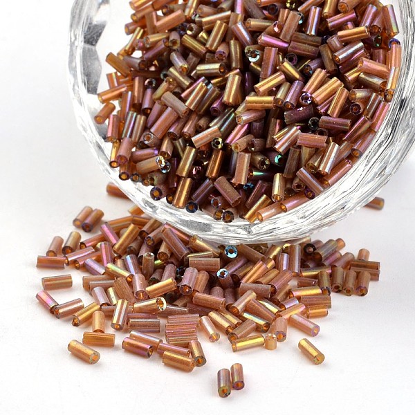 

PandaHall Glass Bugle Beads, Transparent Colours Rainbow, Sienna, 3~5x1.8~2mm, Hole: 0.8mm, about 12000pcs/450g Glass Brown
