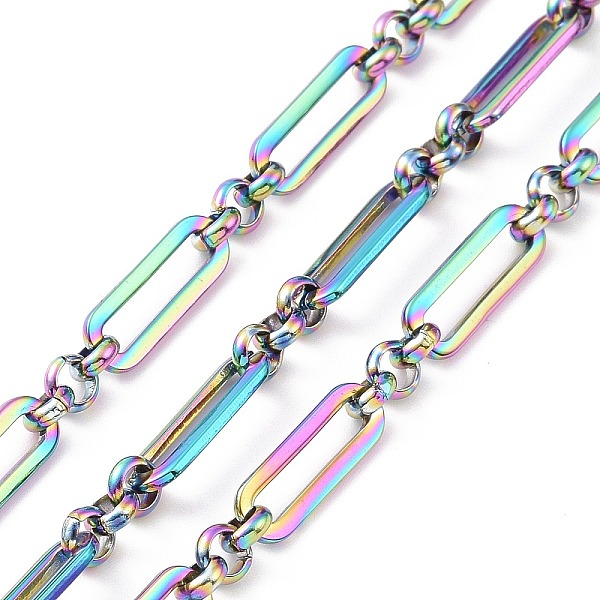 

PandaHall Ion Plating(IP) 304 Stainless Steel Figaro Chains, Unwelded, with Spool, Rainbow Color, Oval: 14x5x1mm, Ring: 4x1.5mm, about 32.8...
