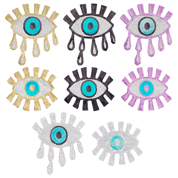 PandaHall Fingerinspire 8Pcs 8 Styles Evil Eye Sequin/Paillette Beading Iron on Patches, Costume Accessories, for Clothes, Dress, Hat, Jeans...