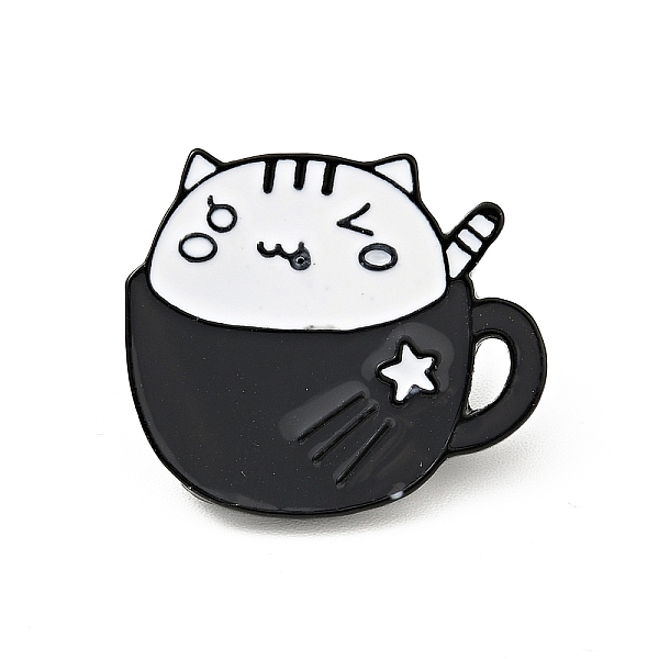 PandaHall Coffee Cup Cat Enamel Pin, Electrophoresis Black Plated Alloy Badge for Backpack Clothes, White, 21x24.5x2mm Alloy+Enamel White