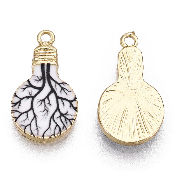 

PandaHall Printed Alloy Enamel Pendants, Lead Free & Nickel Free & Cadmium Free, Light Gold, Light Bulb Charm, Tree of Life Pattern..., White