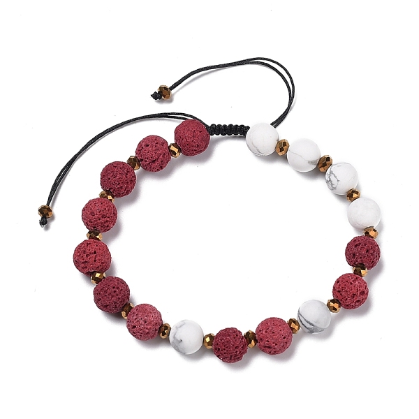 

PandaHall Adjustable Nylon Cord Braided Bead Bracelets, with Glass Beads, Round Natural Lava Rock(Dyed) Beads and Synthetic Howlite Beads..., Red