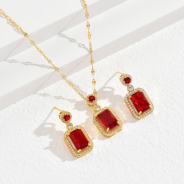 

PandaHall Brass Micro Pave Cubic Zirconia Jewelry Sets for Women, Dangle Stud Earring & Pendant Necklaces, Rectangle, Real 18K Gold Plated..., Red
