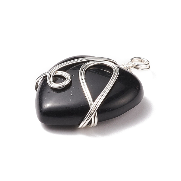 

PandaHall Natural Obsidian Pendants, with Silver Tone Copper Wire Wrapped, Heart, 39~41x30~30.5x8.5~9.5mm, Hole: 4~4.2mm Obsidian Heart