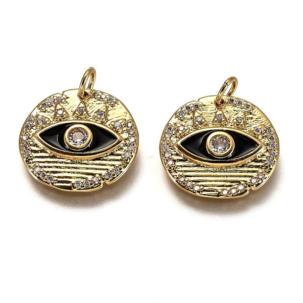 

PandaHall Brass Micro Pave Clear Cubic Zirconia Pendants, Long-Lasting Plated, with Jump Rings & Black Enamel, Flat Round with Eye, Real 18K...