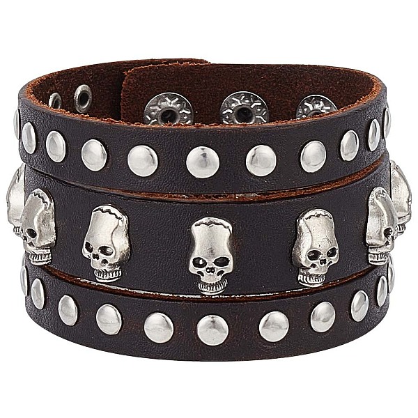 

PandaHall Cowhide Leather Wide Cord Bracelet, Antique Silver Iron Skull Studed Rivets Punk Rock Wristband for Men, Coconut Brown, 9-1/8 inch..., Black