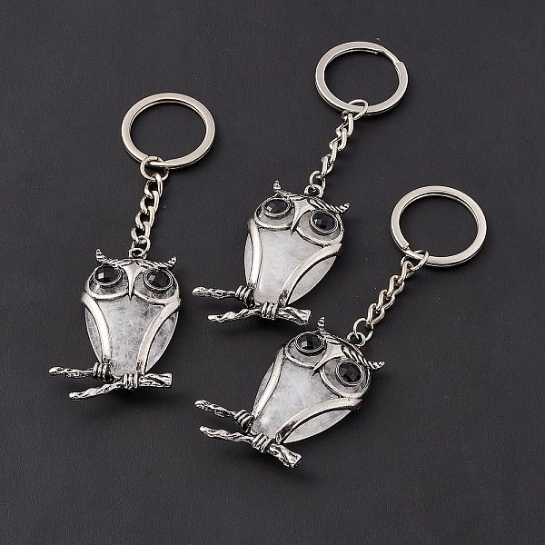 

PandaHall Owl Natural Quartz Crystal Pendant Keychain, with Alloy & Iron Findings, 10cm Quartz Crystal Owl