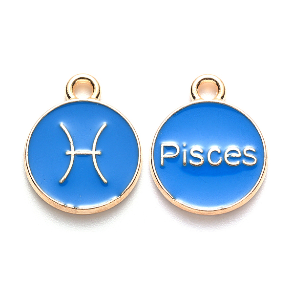 

PandaHall Alloy Enamel Pendants, Cadmium Free & Lead Free, Flat Round with Constellation, Light Gold, Dodger Blue, Pisces, 22x18x2mm, Hole...