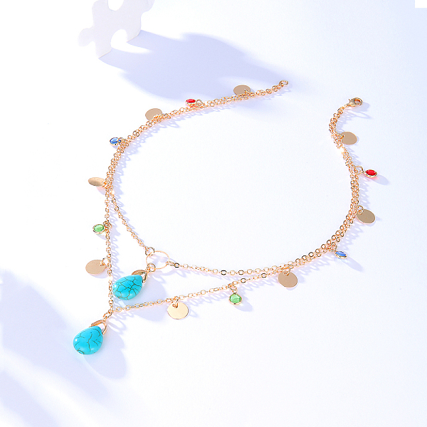 

PandaHall Double layer Synthetic Turquoise Pendant Necklaces, Brass Cable Chains for Women Brass