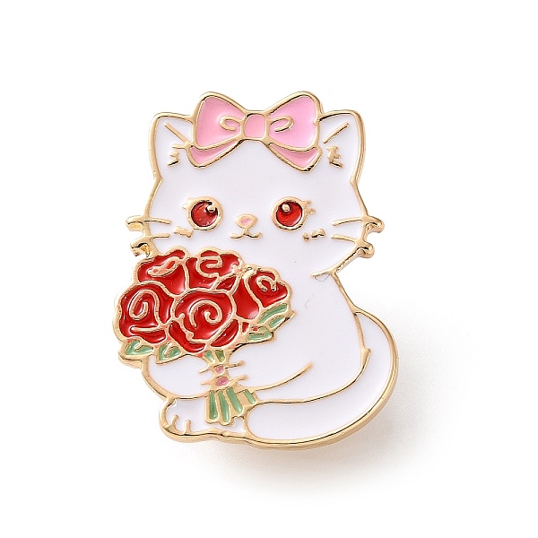 赤いバラの花束を持った猫の形をしたエナメルピン