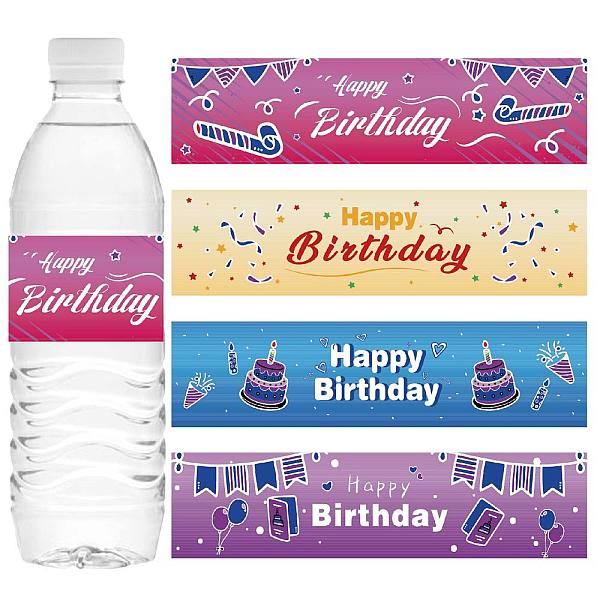 PandaHall CREATCABIN 100Pcs 4 Styles Happy Birthday Water Bottle Labels Party Decorations Birthday Waterproof Self-Adhesive Stickers...