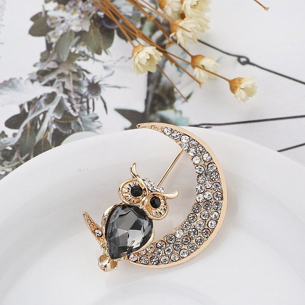 

PandaHall Golden Alloy Rhinestone Brooches, Moon with Owl Brooches for Women, Black Diamond, 35x27mm Alloy+Rhinestone Owl Gray