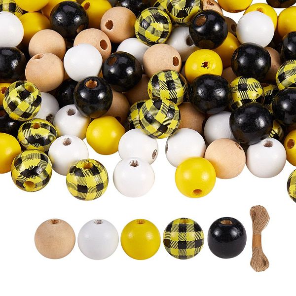 

PandaHall 200Pcs Wooden Round Beads, Bundle Jute Cord, for DIY Stretch Bracelet Finding Kits, Yellow, Beads: 200pcs Wood Yellow