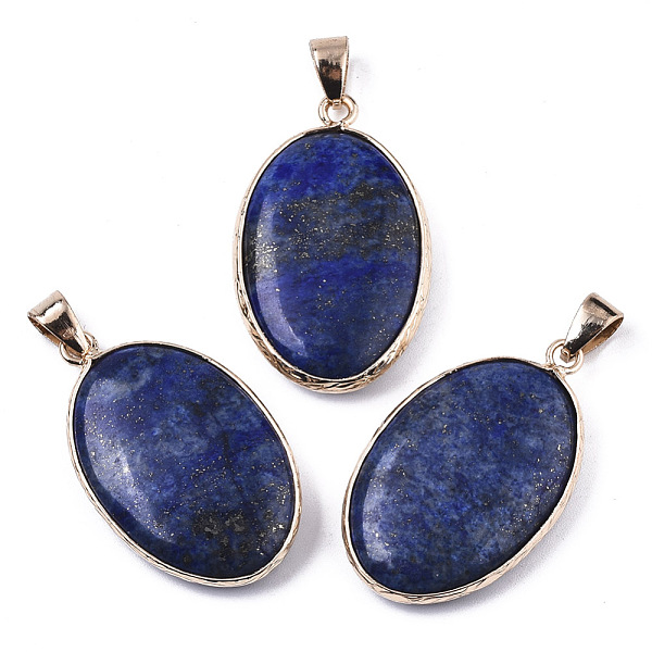 

PandaHall Natural Lapis Lazuli Pendants, with Light Gold Plated Brass Edge and Snap on Bail, Oval, 35~36x21.5x6.5mm, Hole: 6x4mm Lapis...