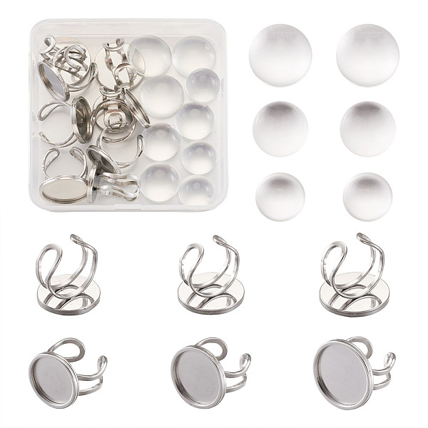 

PandaHall 9Pcs 3 Sizes 304 Stainless Steel Cuff Pad Ring Settings, with 9Pcs Half Round Transparent Glass Cabochons, for DIY Finger Ring...