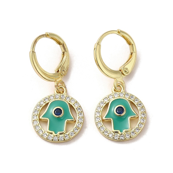 

PandaHall Hamsa Hand Real 18K Gold Plated Brass Dangle Leverback Earrings, with Enamel and Cubic Zirconia, Sea Green, 27x12mm Cubic Zirconia...