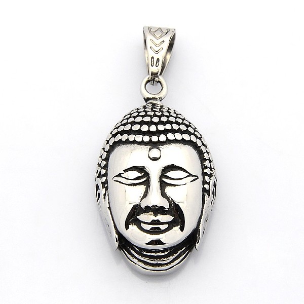 

PandaHall Retro 304 Stainless Steel Buddha Head Pendants, Antique Silver, 43x25x15mm, Hole: 7x11mm 304 Stainless Steel Human