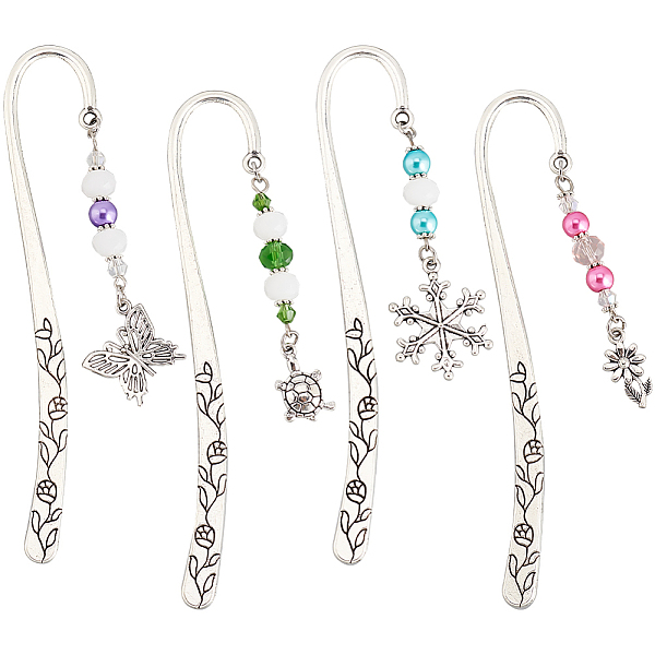 

PandaHall Glass Beaded Bookmarks, Flower Pattern Tibetan Style Alloy Hook Bookmark, Butterfly/Flower/Tortoise/Snowflake Pendant Book Markers..., Multicolor