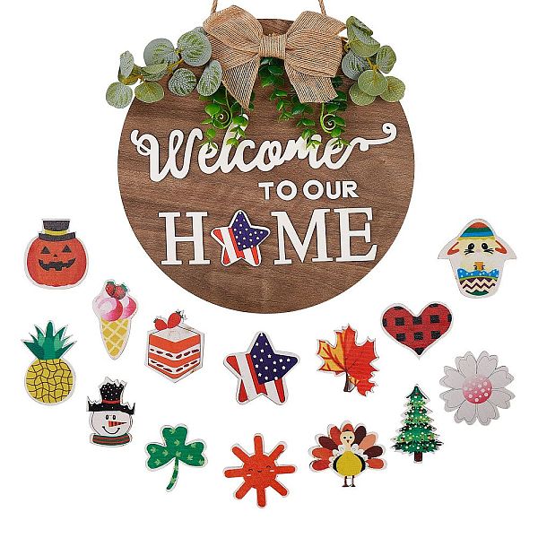 PandaHall Natural MDF Board Door Hanging Decoration for Front Door Decoration, with Hemp Rope, Flat Round with Bowknot & Word Welcome To Our...