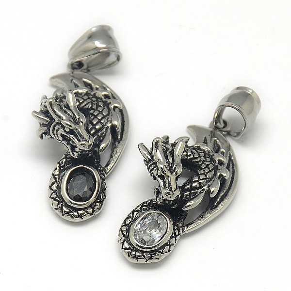 

PandaHall Fashionable Retro 304 Stainless Steel Rhinestone Dragon Pendants, Antique Silver, Mixed Color, 36x17x10mm, Hole: 5x7mm 304..., Multicolor