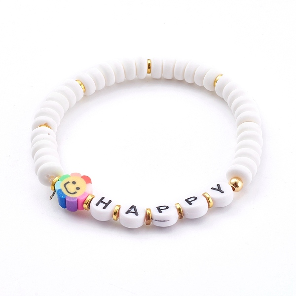 

PandaHall Polymer Clay Flower Beaded Stretch Bracelets for Valentine's Day, with Acrylic Beads and Non-magnetic Synthetic Hematite Beads..., White