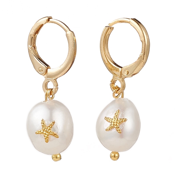 

PandaHall Brass Huggie Hoop Earrings, with Alloy Cabochons and Natural Baroque Pearl Keshi Pearl Beads, Oval with Starfish, Golden, 25~28mm...