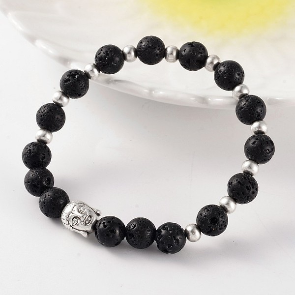 

PandaHall Trendy Natural Lava Rock Beaded Stretch Bracelets, with Tibetan Style Antique Silver Alloy Beads, 57mm Lava Rock