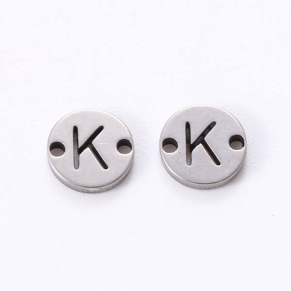 

PandaHall 201 Stainless Steel Links, Laser Cut, Flat Round with Letter, Letter.K, 6x6x1mm, Hole: 0.8mm 201 Stainless Steel Letter K