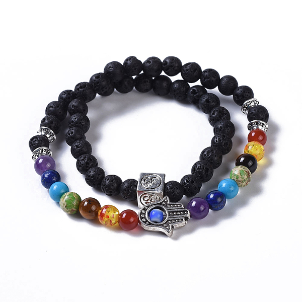 

PandaHall Two Loops Natural Lava Rock & Natural/Synthetic Mixed Stone Beads Warp Stretch Bracelets, with Evil Eye Lampwork Round Beads and..., Black